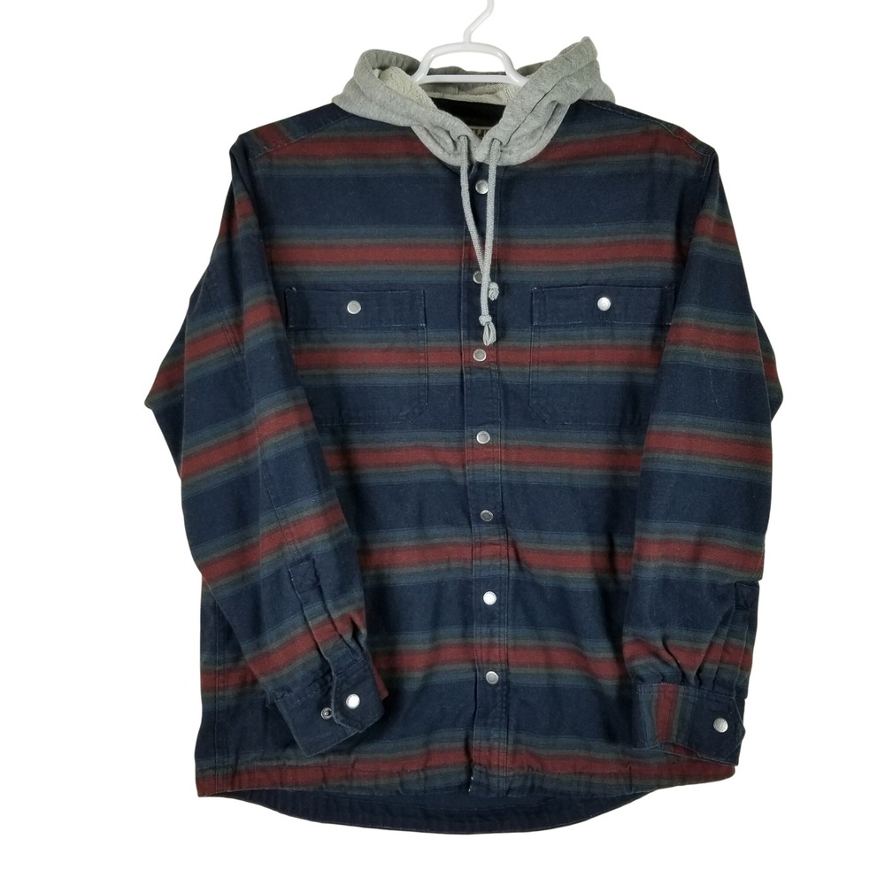 Duluth Trading Co Shirt Jacket Men Large Navy Blue Striped Hooded Canvas Shacket